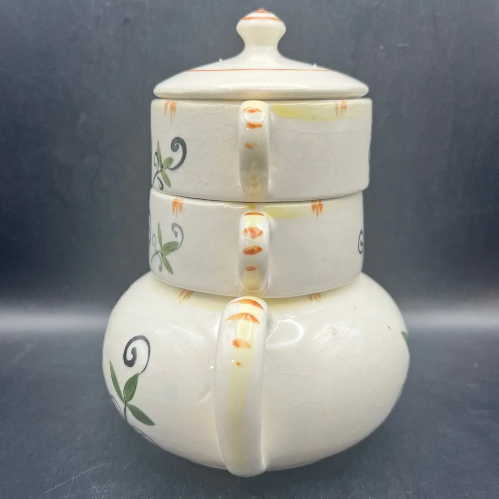 Vtg Stackable Rooster Tea For‎ One Set Ceramic Teapot Creamer Sugar 6